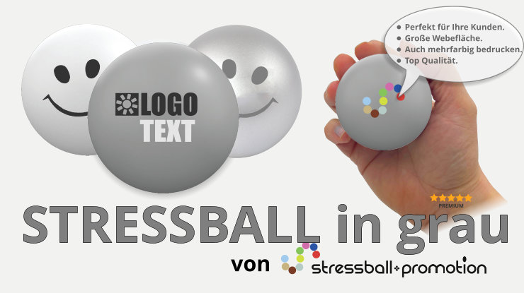 Stressball in grau - Bild mit einem pinken Stressball bedruckt mit Logo oder Slogan als Werbeartikel